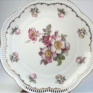 Schumann Arzberg Bavaria Wild Rose Reticulated Porcelain Plate‎ Gold Trim 10.25"